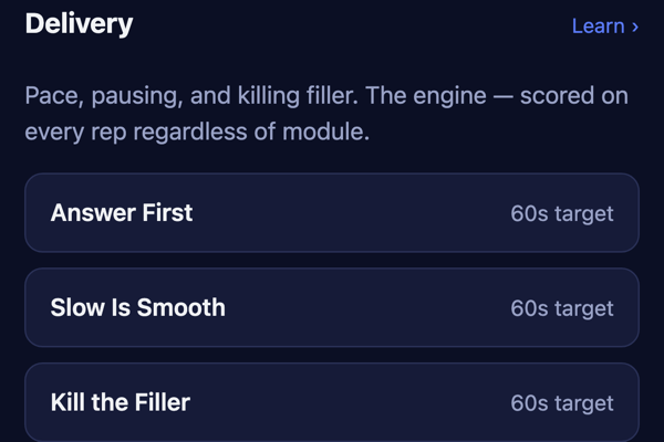 The Dictalus curriculum: drills in the Delivery module, each with a 60-second target